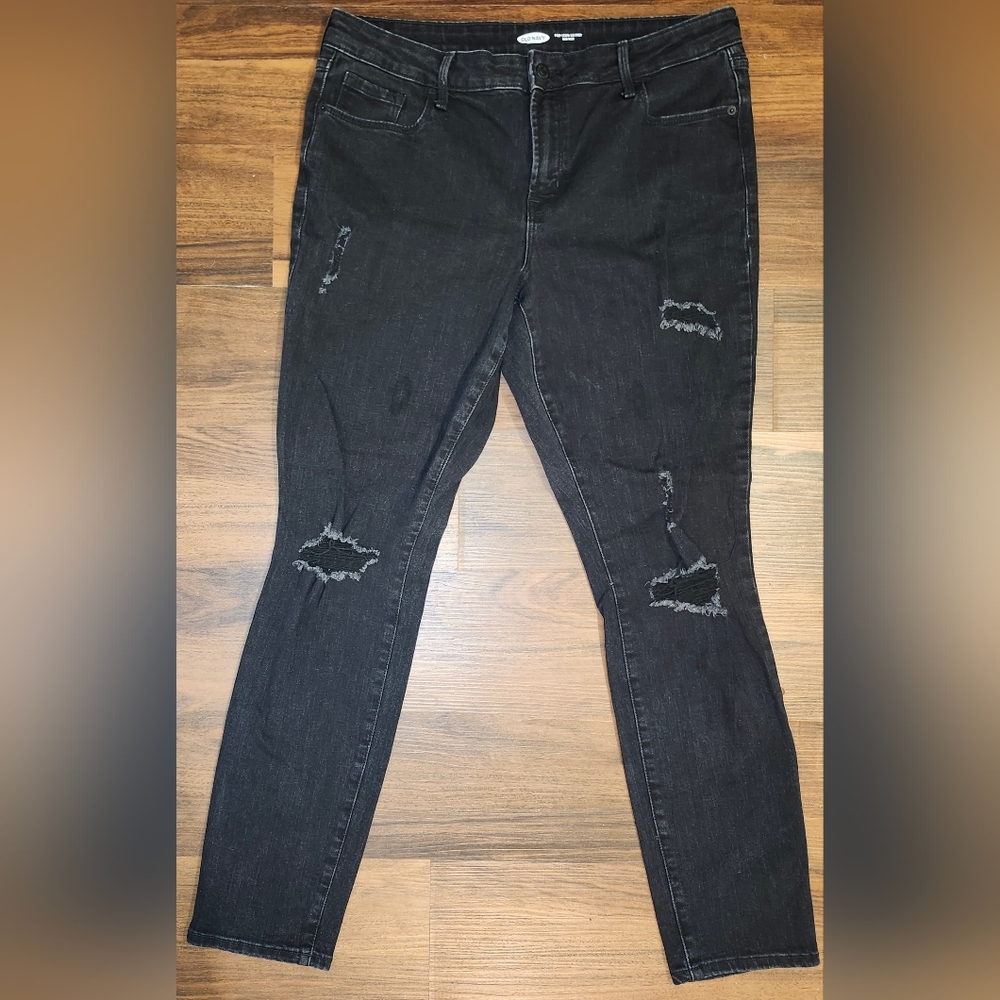 Womens Sz 14 Old Navy Black Pop Icon Skinny Mid-Rise Distressed Jeans